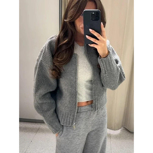Zip-Up Knit Cardigan | Ribbed Texture | Cropped Lounge Sweater