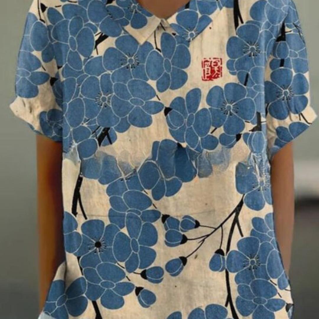 Floral Print Blouse with Peter Pan Collar | Lightweight Cotton Blend | Short Sleeve