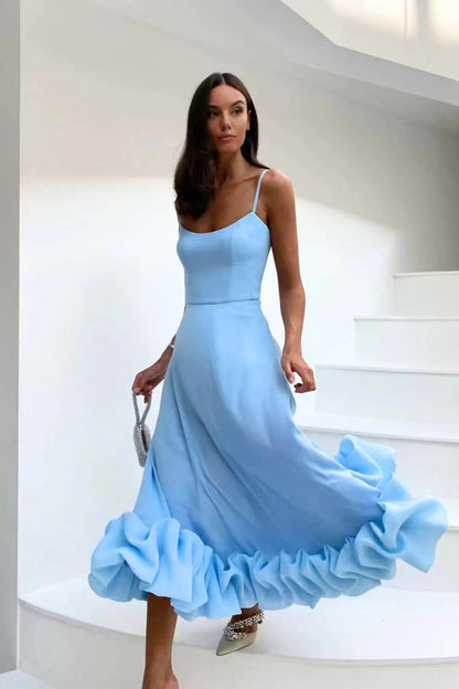 Ruffle-Hem Midi Dress | Spaghetti Straps & Fitted Bodice | Sky Blue Formal Look
