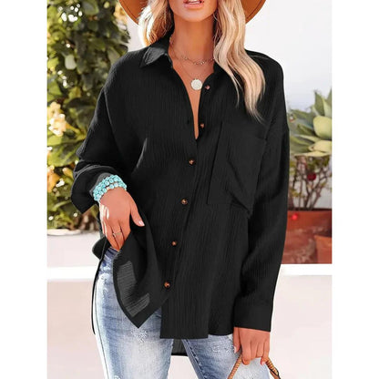 Textured Button-Up Shirt | Relaxed Fit with Chest Pocket | Lightweight Casual Blouse