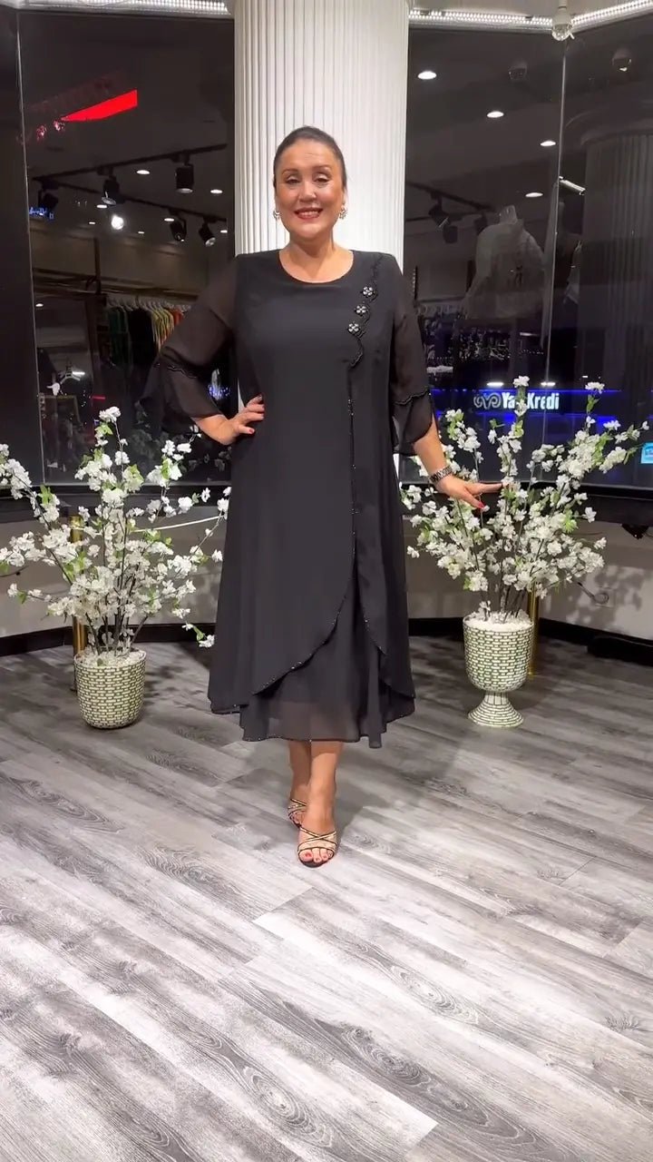 Embellished Chiffon Midi Dress | A-Line Flow | 3/4 Sheer Sleeves