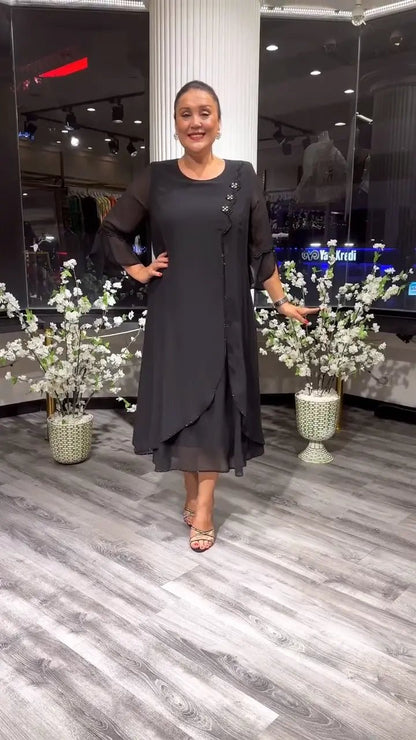 Embellished Chiffon Midi Dress | A-Line Flow | 3/4 Sheer Sleeves