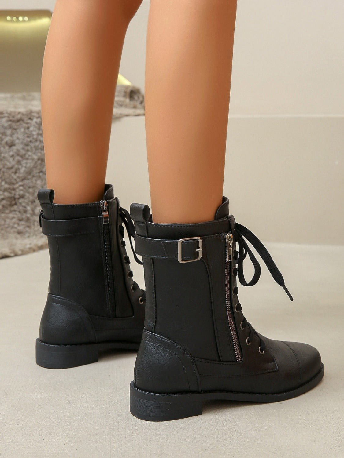 Lace-Up Combat Boots | PU Leather | Low Heel | Everyday Comfort