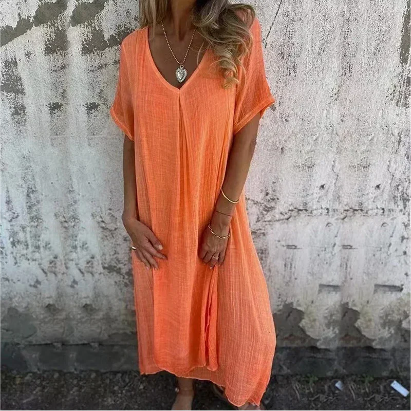 Oversized V-Neck Linen Dress | Raw Hem Midi | Breezy 3/4 Sleeve Fit