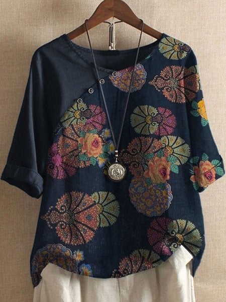 Asymmetric Floral Patchwork Tee | Relaxed Fit Linen Blend | Boho-Inspired Casual Top