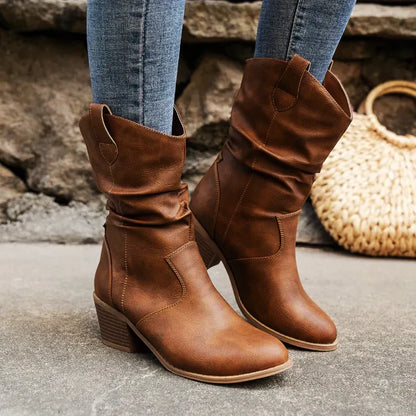 Slouchy Mid-Calf Boots | Block Heel & Pull-On Design | Casual Western-Inspired Fit