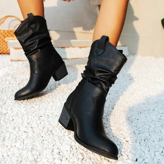 Slouchy Mid-Calf Boots | Block Heel & Pull-On Design | Casual Western-Inspired Fit