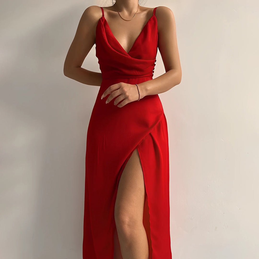 Elegant Satin Maxi Dress | Draped Neckline | High Slit Design | Perfect for Evening or Formal Occasions