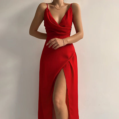 Elegant Satin Maxi Dress | Draped Neckline | High Slit Design | Perfect for Evening or Formal Occasions
