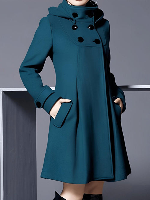 Fit-and-Flare Hooded Coat | Double-Breasted Front | Tailored Wool-Blend | Elegant Everyday Outerwear