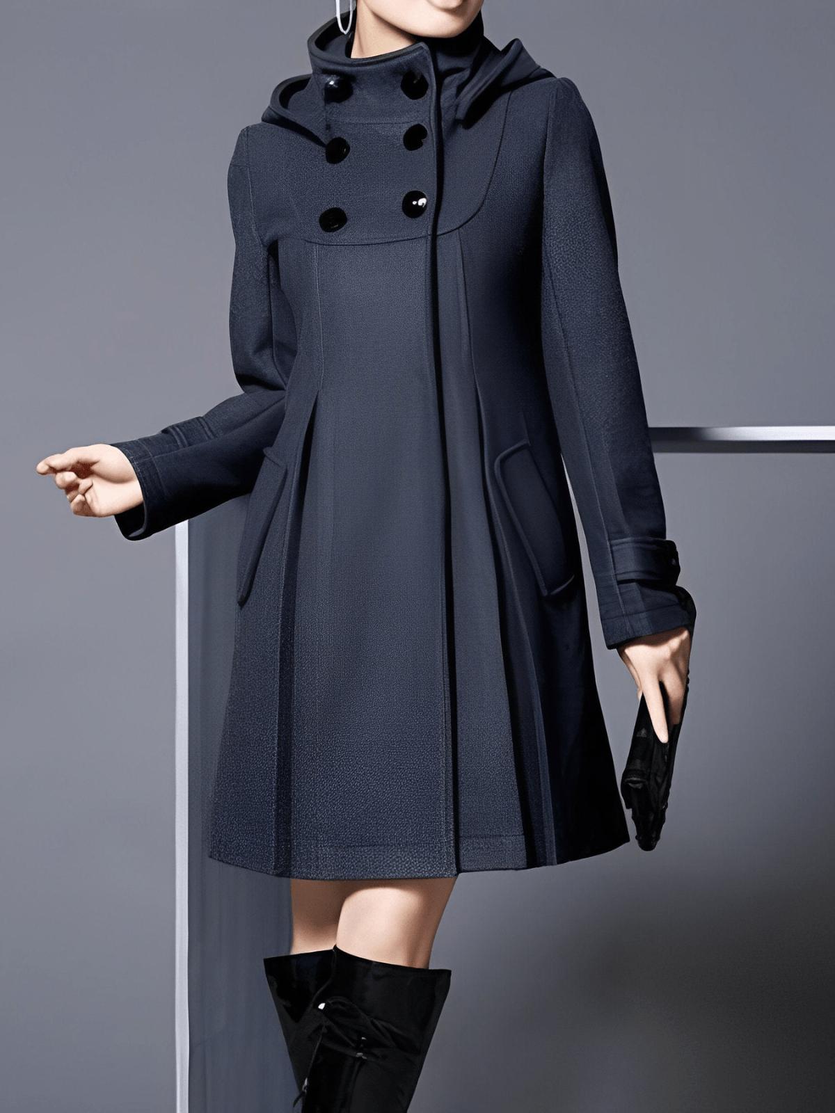 Fit-and-Flare Hooded Coat | Double-Breasted Front | Tailored Wool-Blend | Elegant Everyday Outerwear