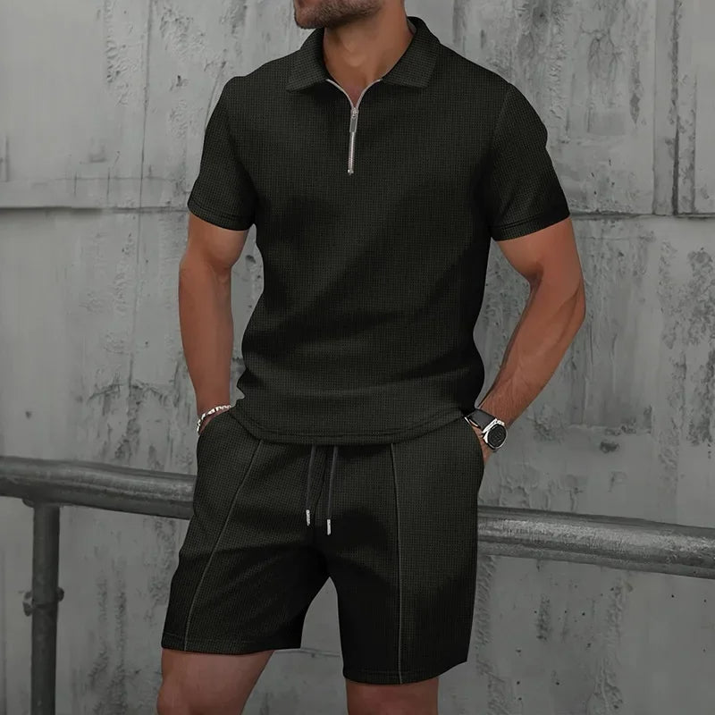 Men's Knit Polo & Shorts Set | 2-Piece Lounge Outfit | Summer Textured Co-ord