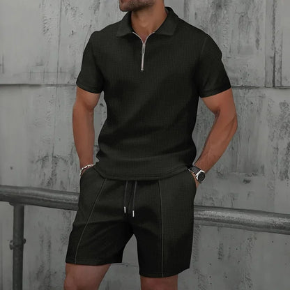 Men's Knit Polo & Shorts Set | 2-Piece Lounge Outfit | Summer Textured Co-ord