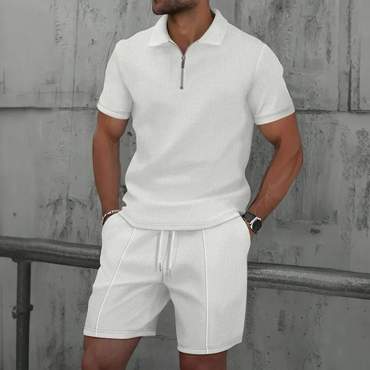 Men's Knit Polo & Shorts Set | 2-Piece Lounge Outfit | Summer Textured Co-ord