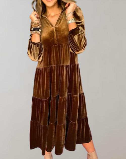 Velvet Midi Dress | Tiered Silhouette & V-Neckline | Relaxed Fit