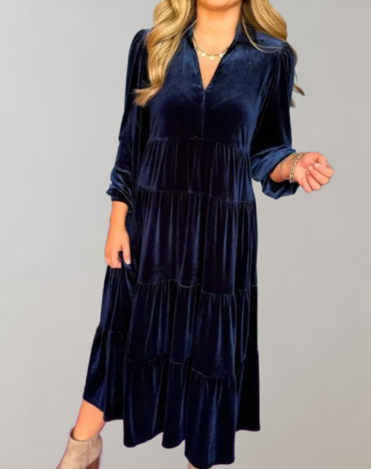 Velvet Midi Dress | Tiered Silhouette & V-Neckline | Relaxed Fit