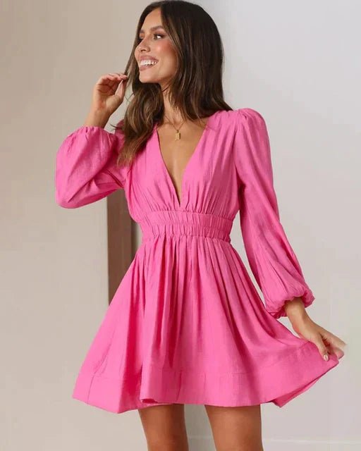 Deep V-Neck Mini Dress | Long Puff Sleeves & Flowy Skirt | Party-Ready Style