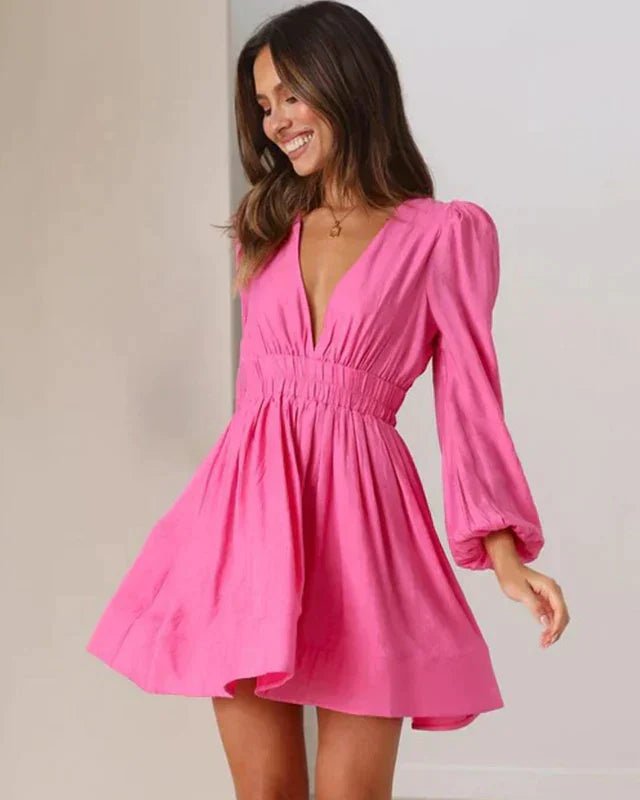 Deep V-Neck Mini Dress | Long Puff Sleeves & Flowy Skirt | Party-Ready Style