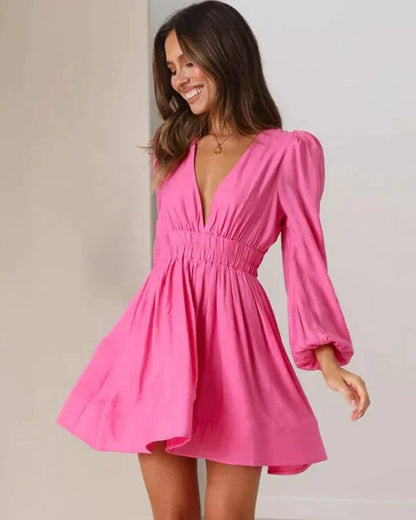 Deep V-Neck Mini Dress | Long Puff Sleeves & Flowy Skirt | Party-Ready Style