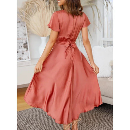 Women's Satin Midi Dress | Flutter Sleeve with Twist Front | Deep V-Neck Wrap Silhouette
