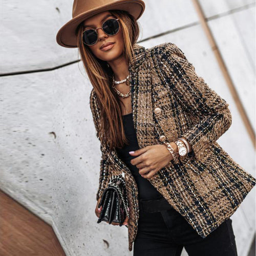 Plaid Tweed Blazer | Double-Breasted with Gold Buttons | Structured Fall Outerwear