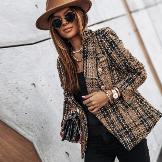 Plaid Tweed Blazer | Double-Breasted with Gold Buttons | Structured Fall Outerwear