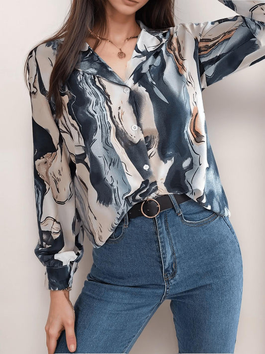 Abstract Print Satin Shirt | Fluid Patterns | Button-Up Design | Luxurious Satin