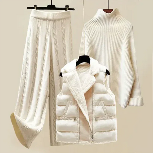 3-Piece Knit Lounge Set with Puffer Vest | Ribbed Turtleneck & Cable Pants | Winter Co-ord Outfit Canada