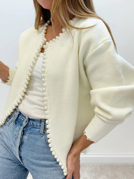 Pearl Trim Cardigan | Soft Knit Button-Front with Statement Detailing