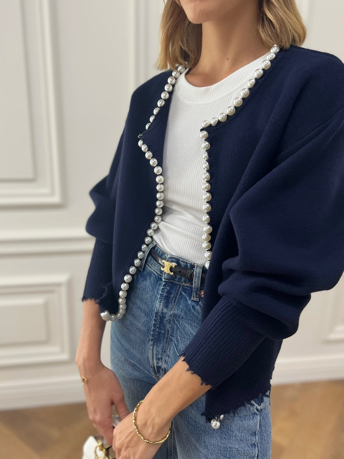 Pearl Trim Cardigan | Soft Knit Button-Front with Statement Detailing