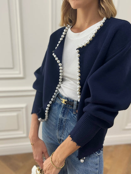 Pearl Trim Cardigan | Soft Knit Button-Front with Statement Detailing