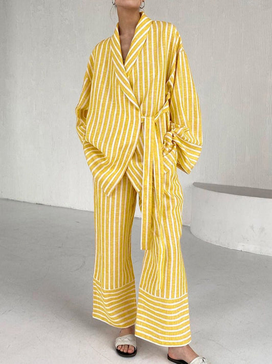 Striped Lounge Set | Belted Wrap Top & Wide-Leg Pants | Relaxed Resort Fit