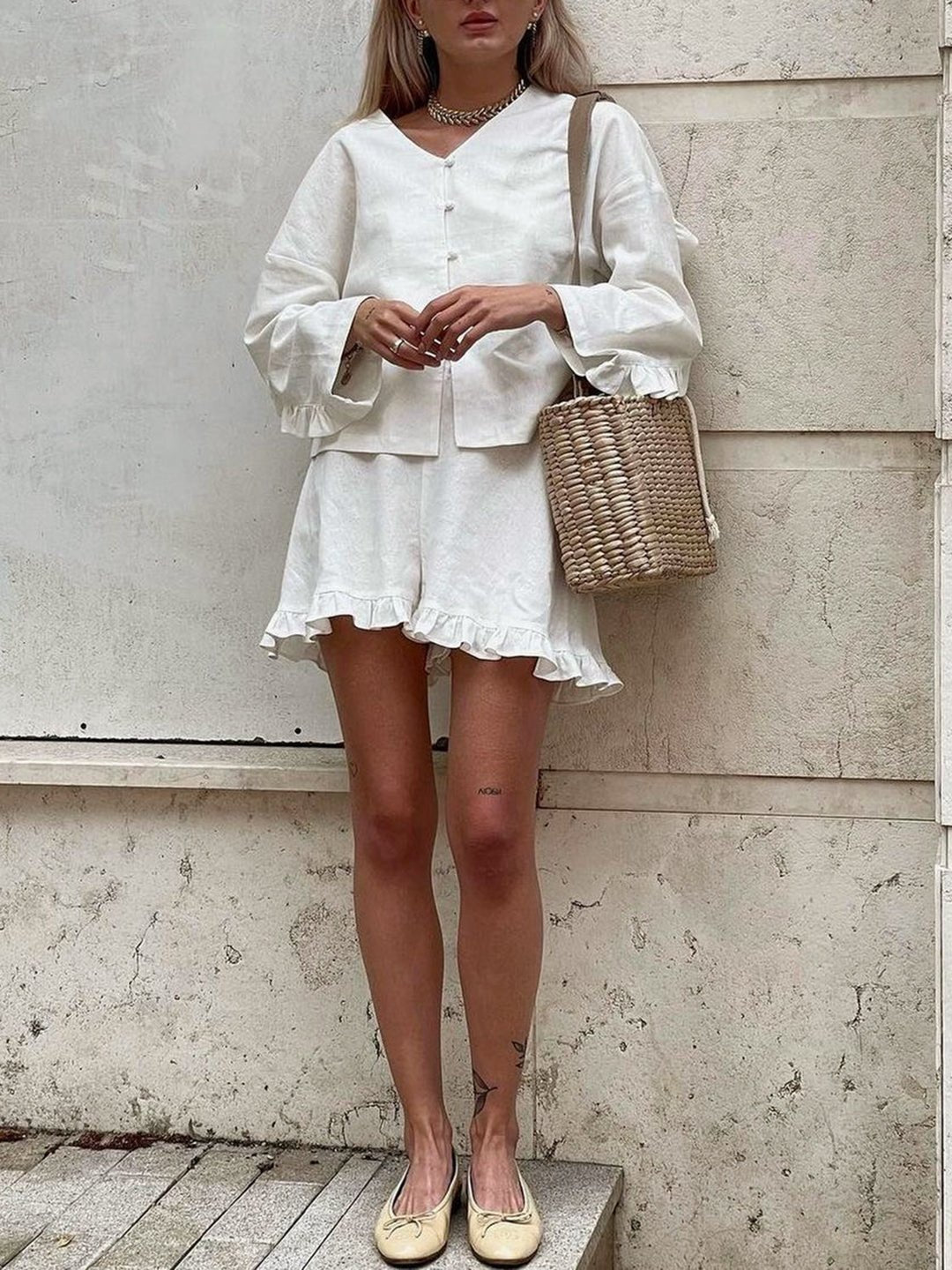 Ruffle Hem Button Top and Shorts Set | Lightweight Cotton-Linen Blend