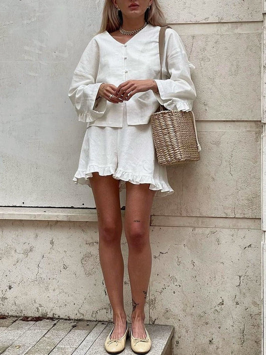 Ruffle Hem Button Top and Shorts Set | Lightweight Cotton-Linen Blend