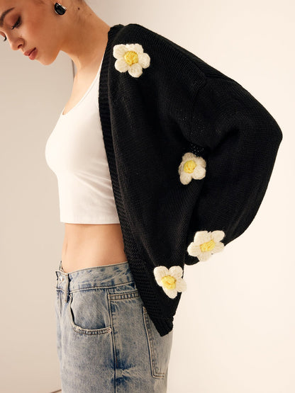 Floral Embellished Cardigan | Cozy Acrylic Knit | Statement Layer