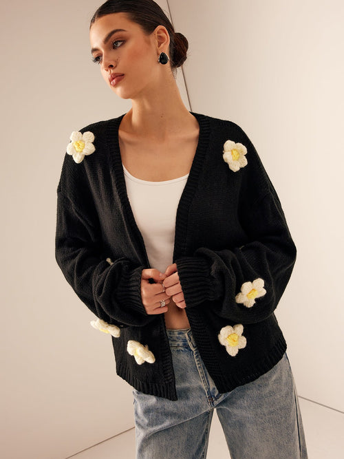 Floral Embellished Cardigan | Cozy Acrylic Knit | Statement Layer