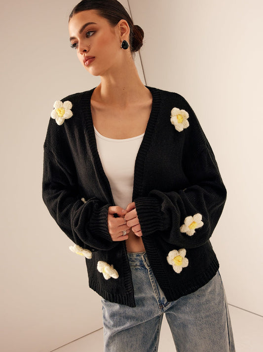 Floral Embellished Cardigan | Cozy Acrylic Knit | Statement Layer