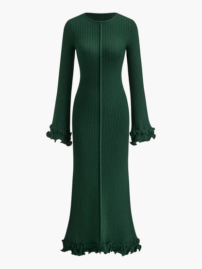 Flared-Sleeve Ribbed Maxi Dress | Elegant Fit | Soft Knit Fabric | Timeless Sophistication