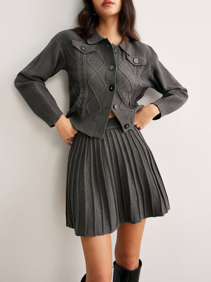 Rib-Knit Button-Up Cardigan & Pleated Skirt Set | Knit Blend | Casual Elegance