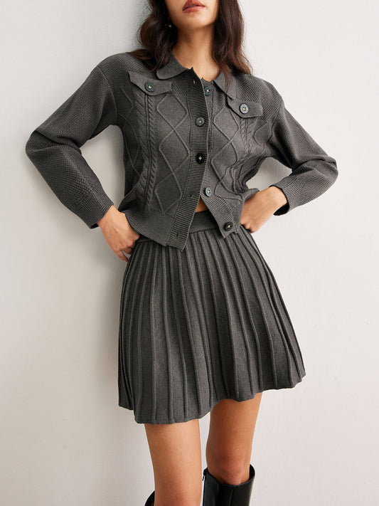 Rib-Knit Button-Up Cardigan & Pleated Skirt Set | Knit Blend | Casual Elegance
