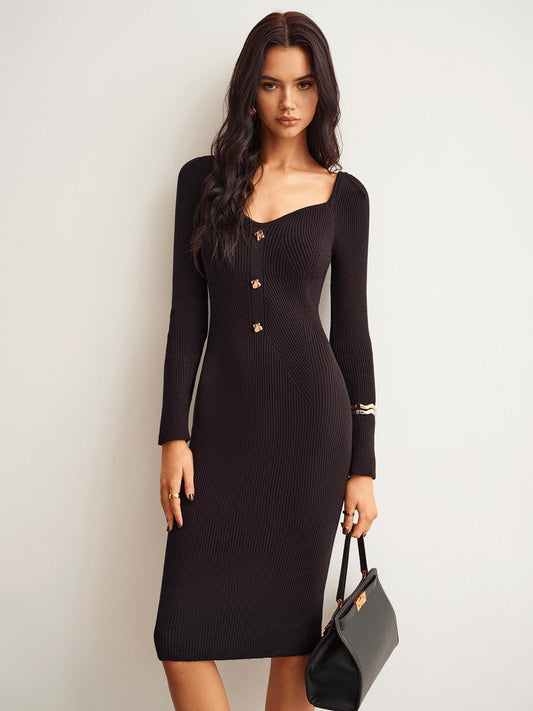 Button-Accent Ribbed Knit Midi Dress | Square Neckline | Soft Stretch Fabric | Timeless Elegance