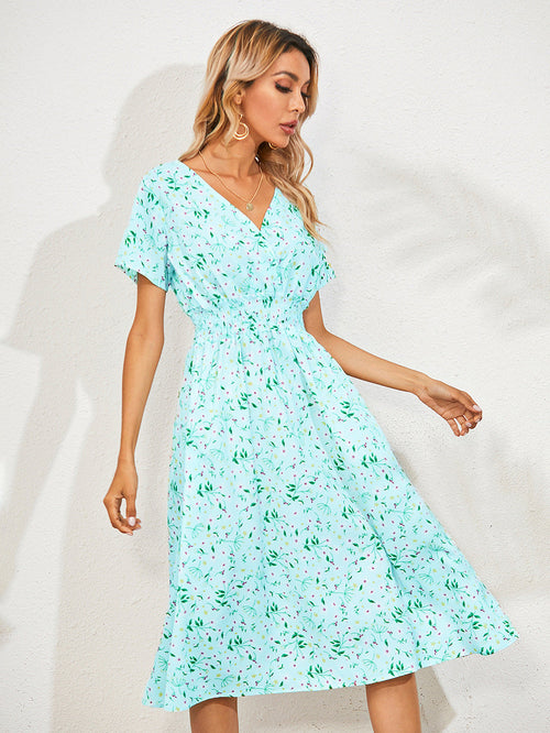 Floral V-Neck Midi Dress | Lightweight Summer Style | Cinched Waist