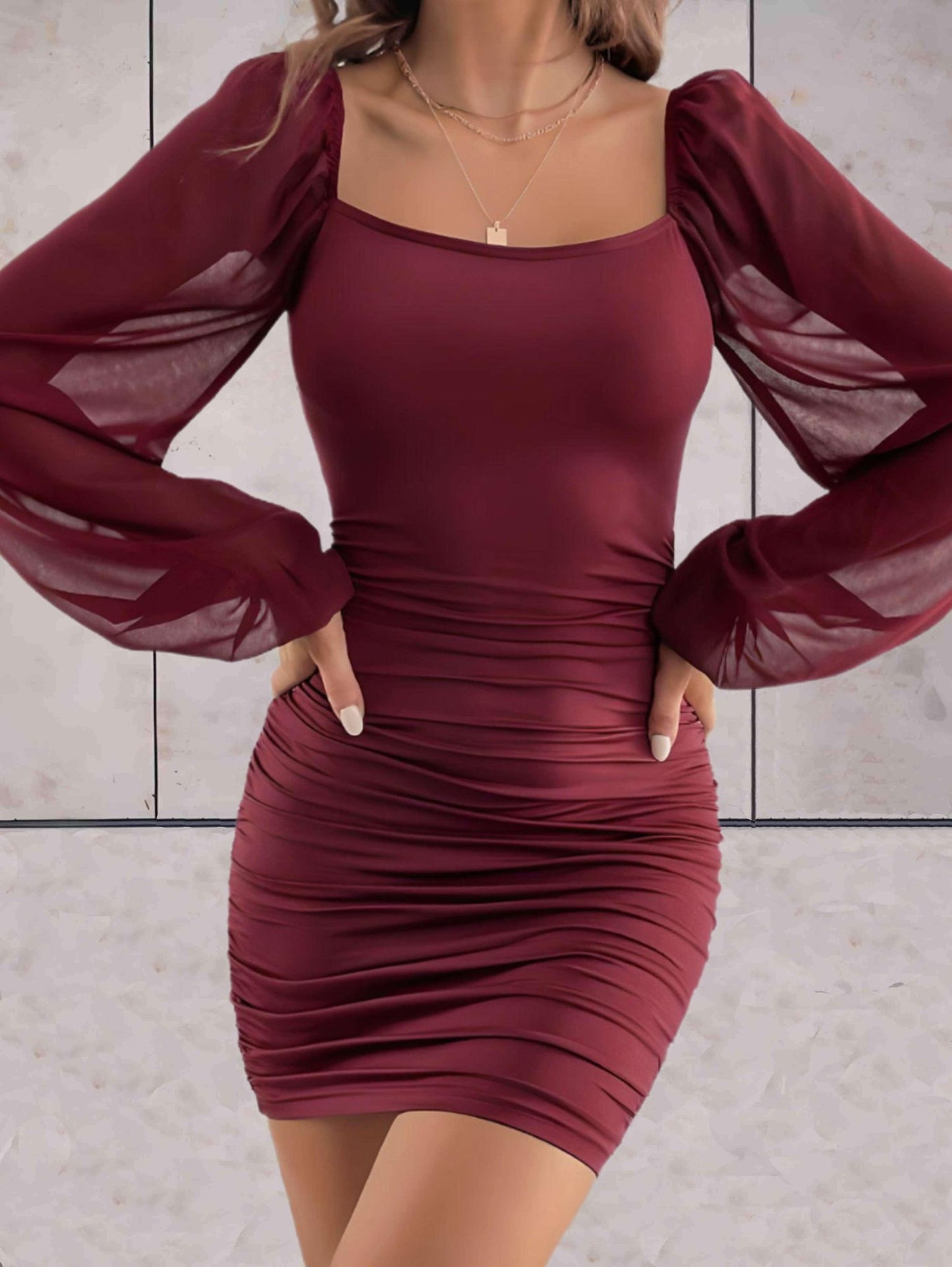 Sheer Sleeve Bodycon Dress | Ruched Design | Stretchy Fabric | Party-Ready Style