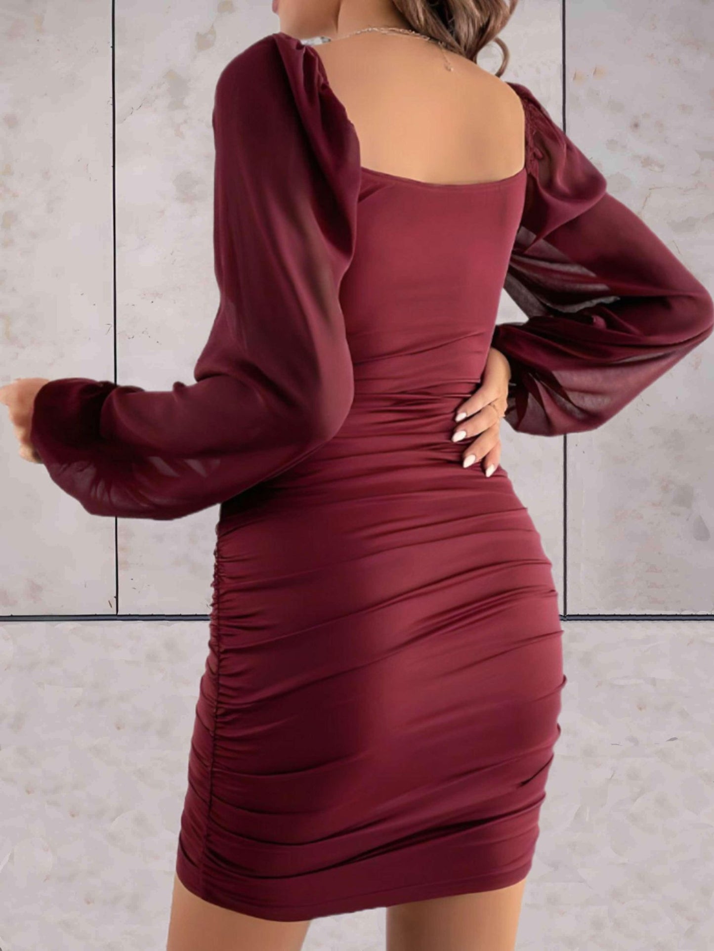 Sheer Sleeve Bodycon Dress | Ruched Design | Stretchy Fabric | Party-Ready Style