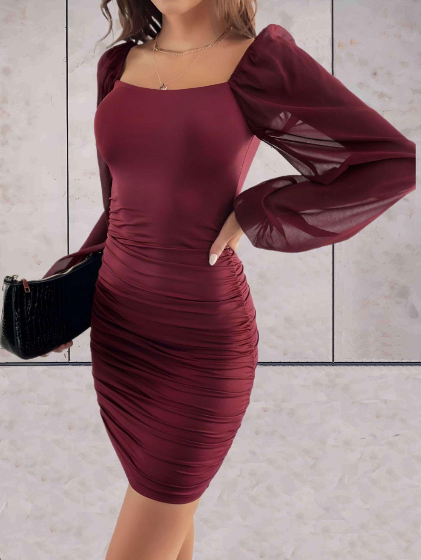 Sheer Sleeve Bodycon Dress | Ruched Design | Stretchy Fabric | Party-Ready Style