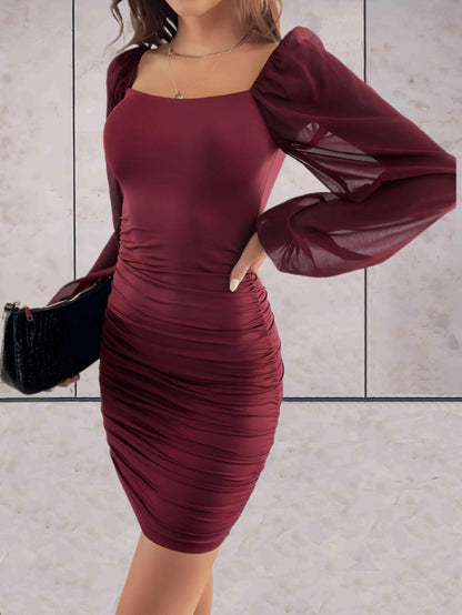 Sheer Sleeve Bodycon Dress | Ruched Design | Stretchy Fabric | Party-Ready Style