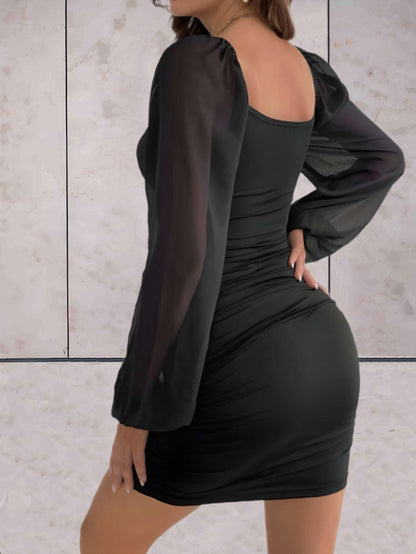 Sheer Sleeve Bodycon Dress | Ruched Design | Stretchy Fabric | Party-Ready Style
