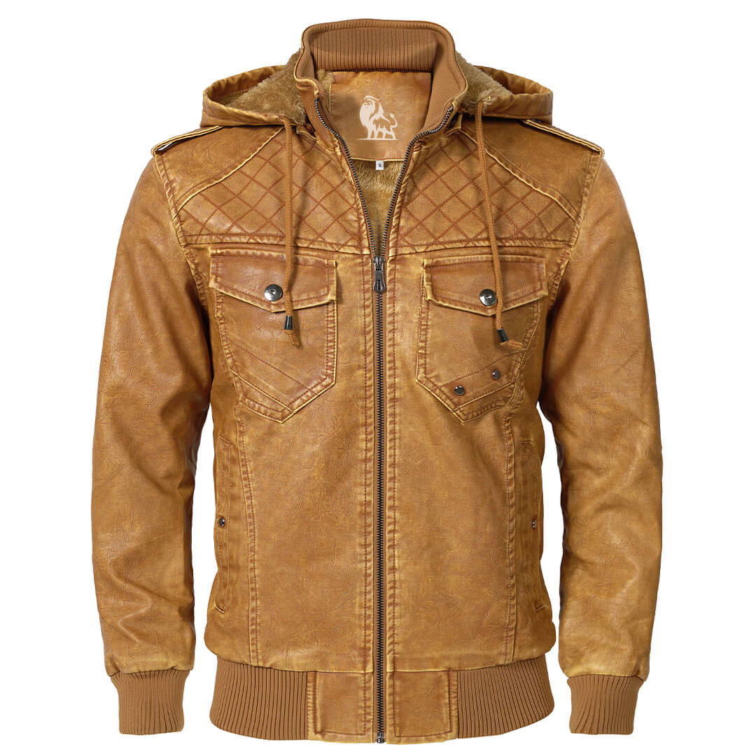 Men's Faux Leather Jacket | Quilted Hooded Bomber | Midweight Fall Layer
