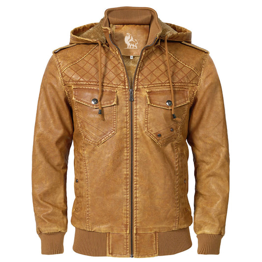 Men's Faux Leather Jacket | Quilted Hooded Bomber | Midweight Fall Layer