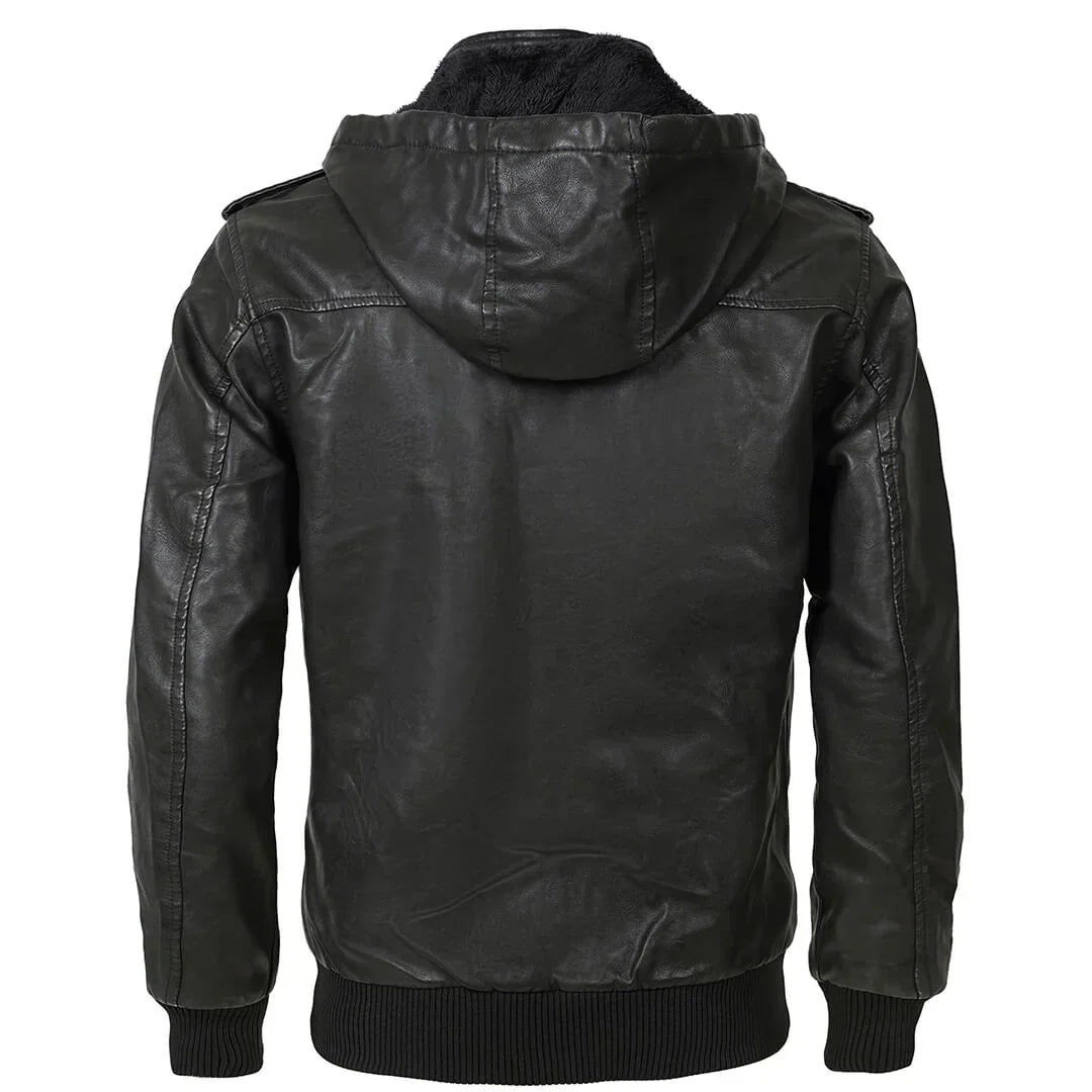 Men's Faux Leather Jacket | Quilted Hooded Bomber | Midweight Fall Layer